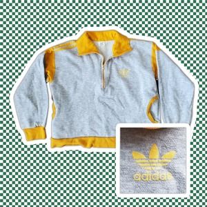 VTG 80s Adidas Gray and Golden Yellow Striped Pullover Half Zip Sweatshirt Sz XL